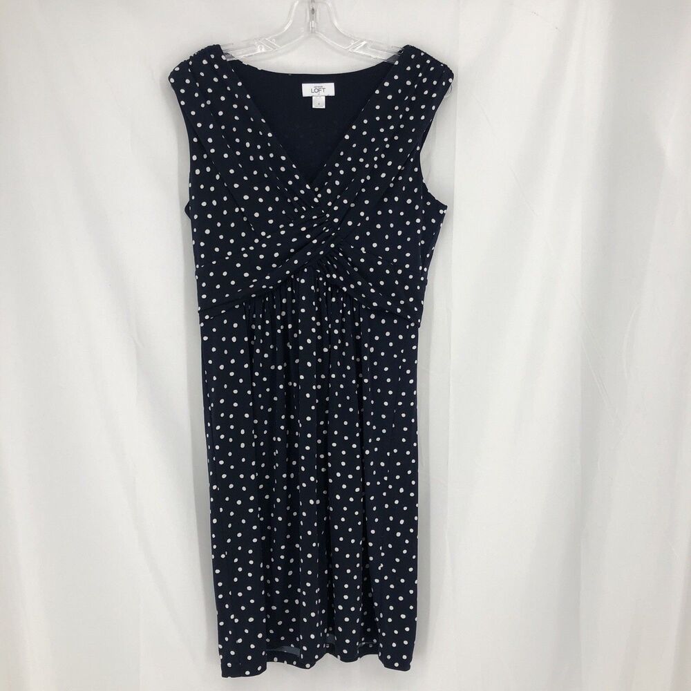 Loft Navy Blue Polka Dot Sleeveless V-Neck Midi Dress Sz 8